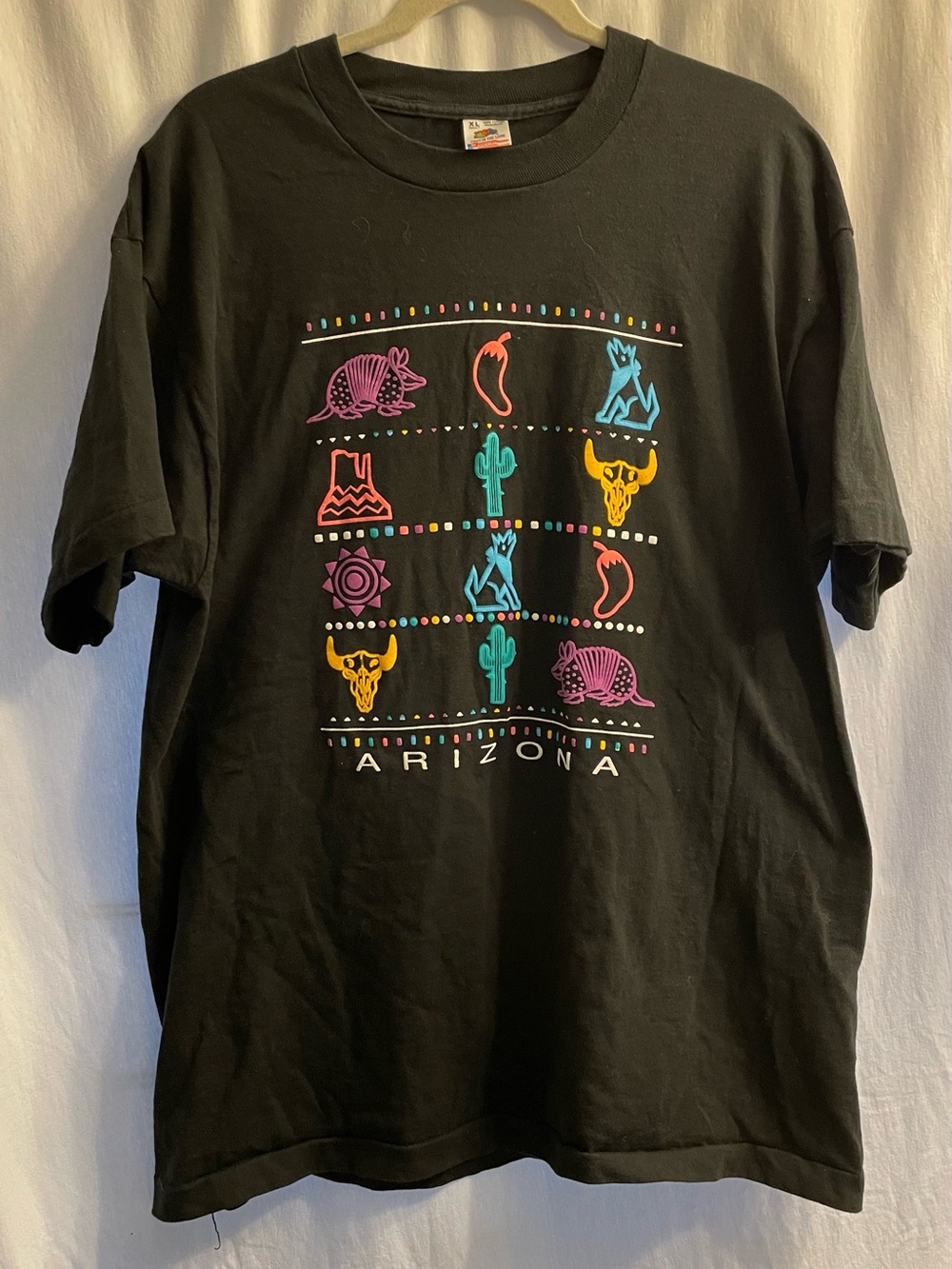 Vintage Arizona Desert Colorful armadillo Black T-Shirt Mens XL Retro 90s FoL